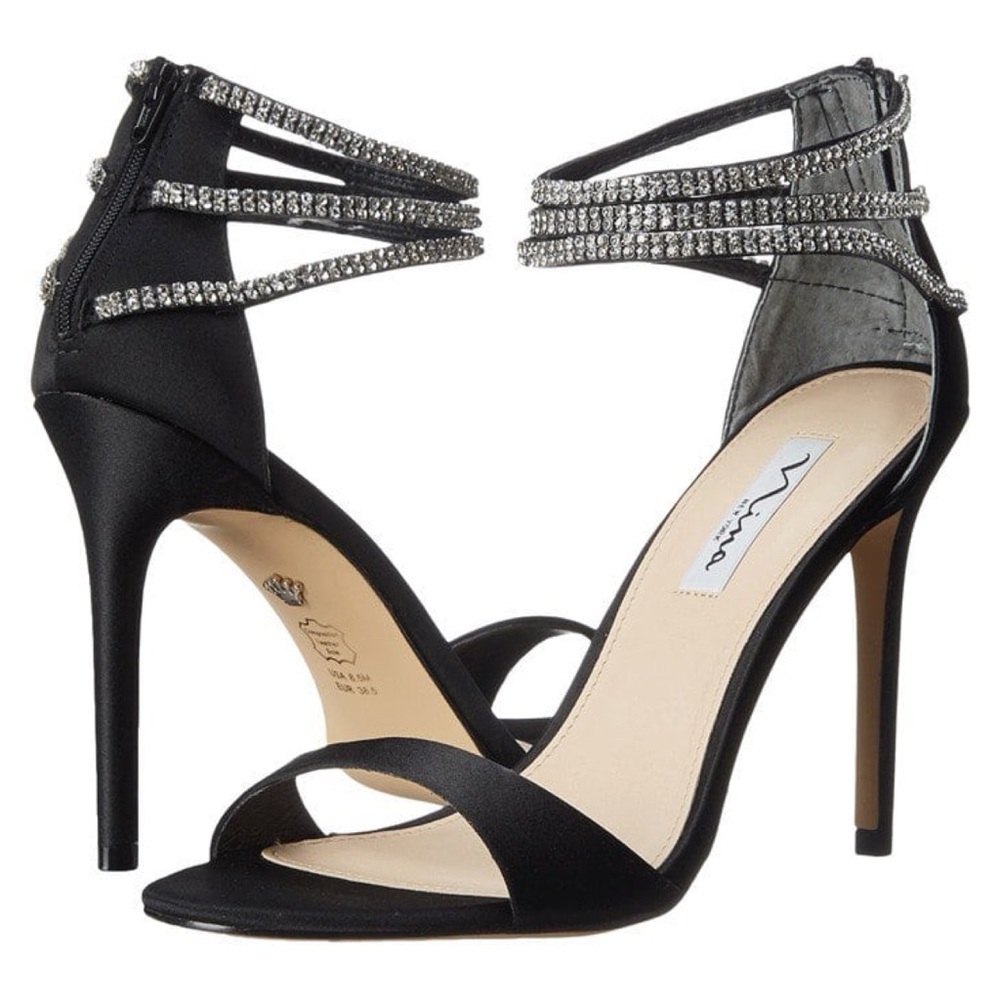 Nina Rhinestone Catessa Black Luster Satin Heels Size 7 with Box